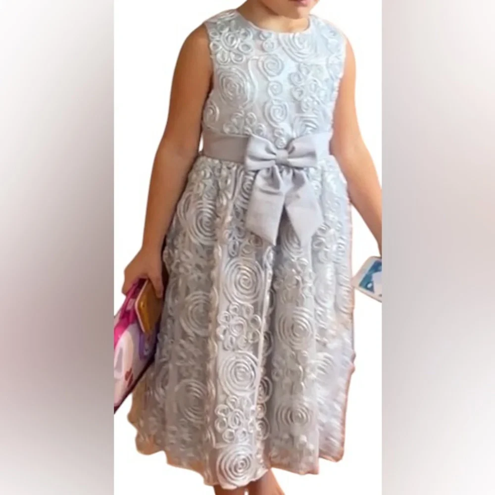 Rare Editions Girls Silver Rosette Sz 6 Party Dress Sleeveless Wedding Gala